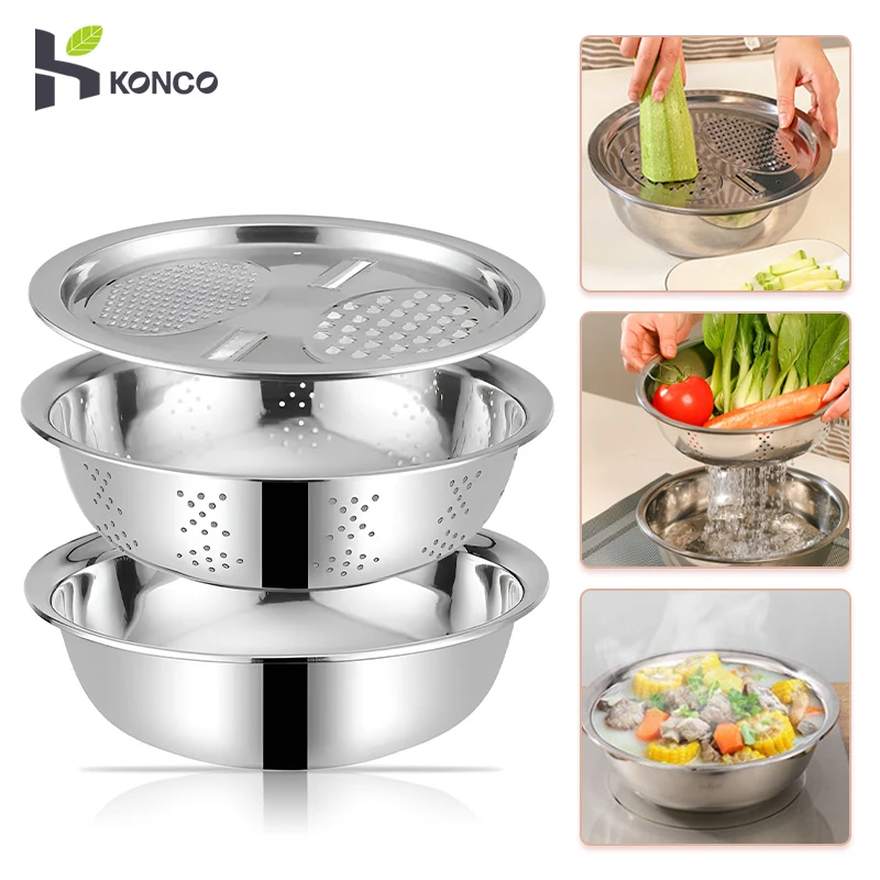 3Pcs/Set Multifunctional Kitchen Tool Grater Strainer Stainless Steel  Vegetables Fruits Graters Drain Basin Rice Washing Filter - AliExpress