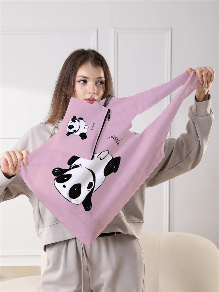Ladies' Foldable Cartoon Panda Pattern Large Shopping Bag Foldable Storage Reusable Easy to Carry Capacity Handbag