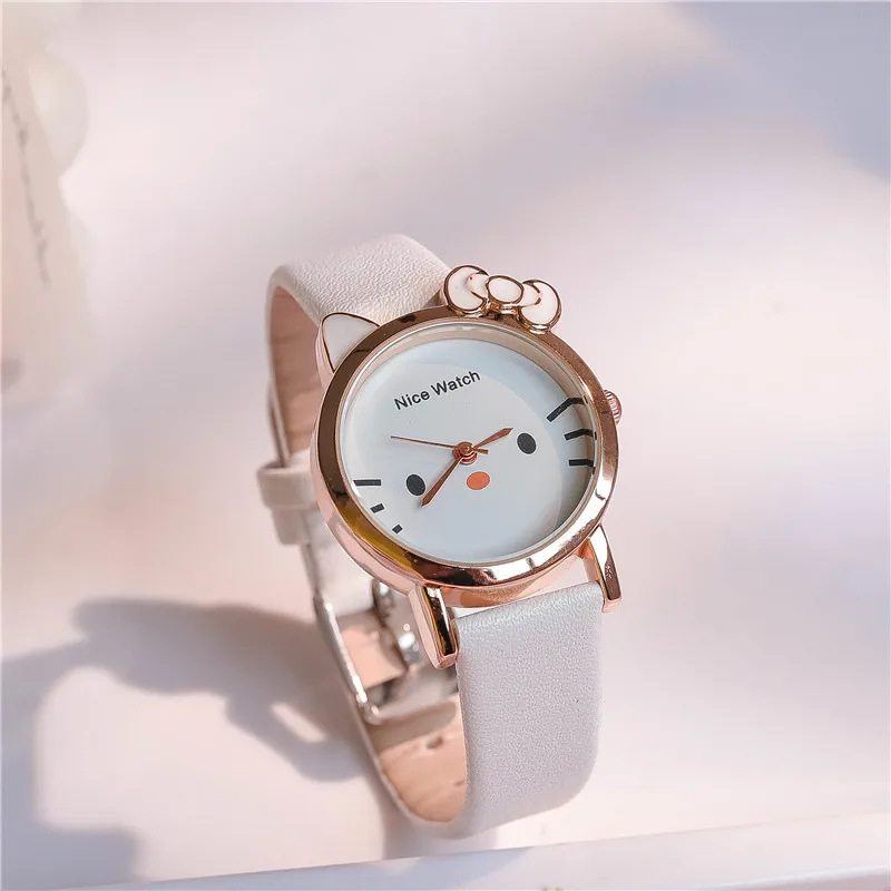 

Fashion Quartz Cartoon Cat Dial Casual Wrist Watches Leather Strap Fashionable Clock Waterproof Wristwatch for Women