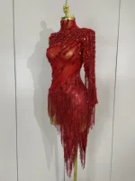 Sparkly Rhinestones Tassel Sexy See-Through Dress Women One Shoulder Latin Dance Outfits Bars Nightclub Party Stage Costume - Image 2