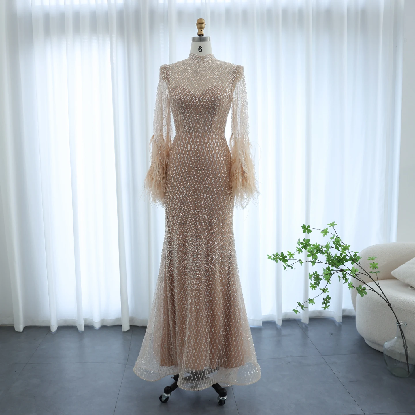 Sharon Said Luxury Dubai Feathers Nude Evening Dresses Long Sleeves High  Neck Arabic Wedding Formal Party Gowns SS227 Customized - AliExpress 320