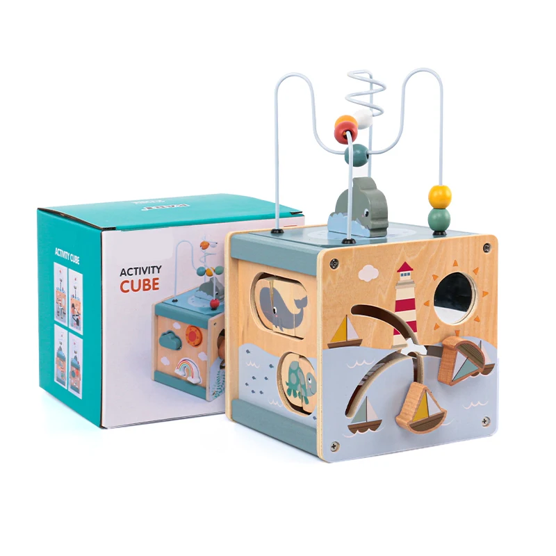 Wooden Activity Cube For Toddlers 5in1 Animal Shape Sorter Bead Maze Montessori Educational Baby 6-12 Months Learning_voghion.com
