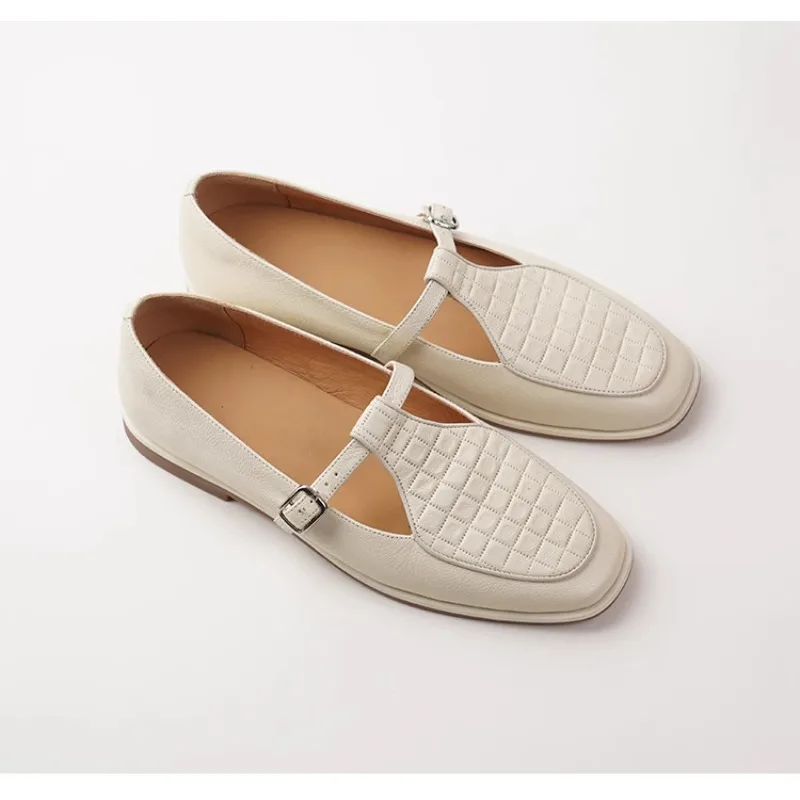 White sheepskin soft leather Mary Jane women's shoes, flat bottomed flat heel buckle single shoes