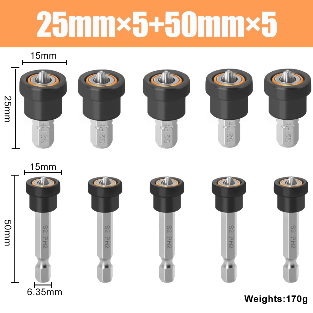 10 Punte Per Cartongesso PH2 Magnetiche Con Anello Di Profondità – Fusto Esagonale 1/4", In Acciaio S2, Per Avvitatori E Trapani