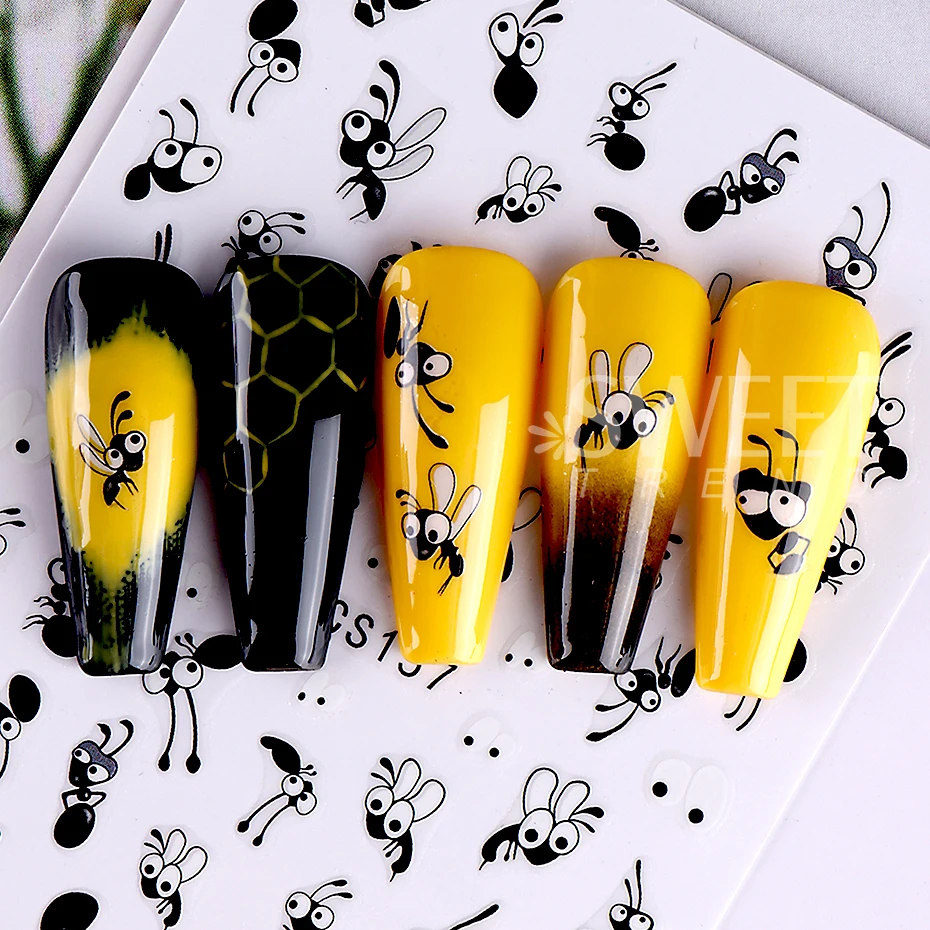 3pcs/set 3D Cartoon Graffiti Style Nail Stickers Kawaii Cute Funny Head Mood Bees Design Decals For Nail Art Manicure Decoration