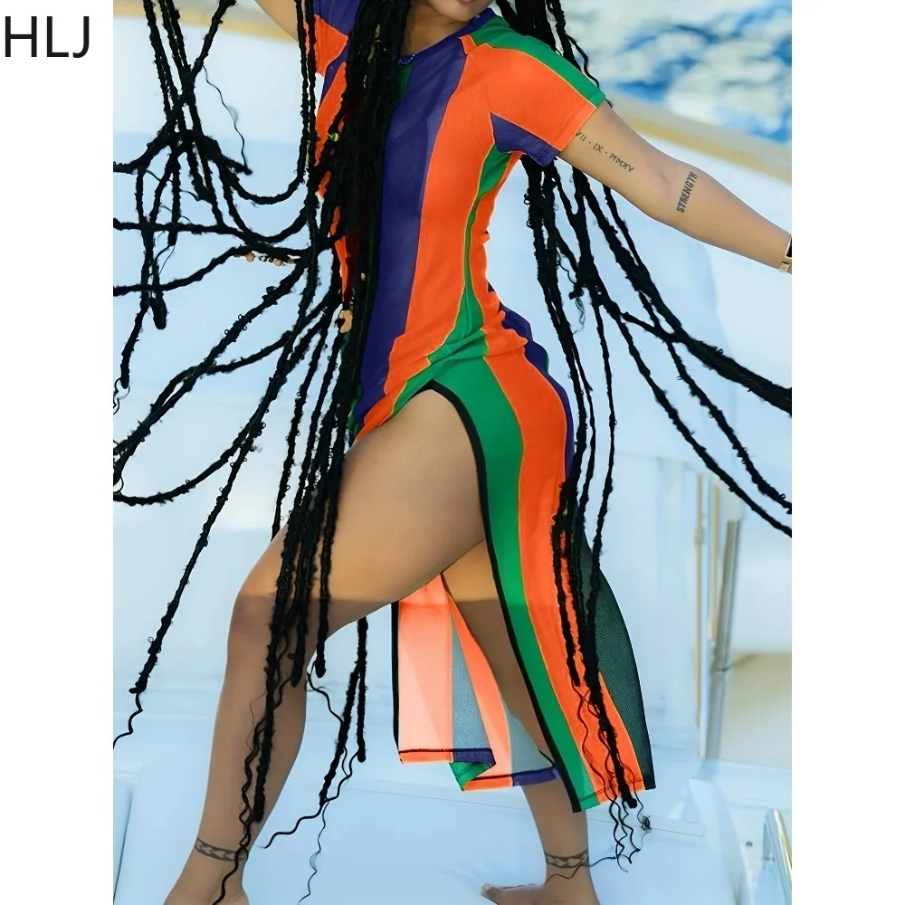 HLJ Summer Stripe Printing High Slit Slim Dresses Women Round Neck Short Sleeve Holiday Beach Clothing Female Bodycon Vestidos