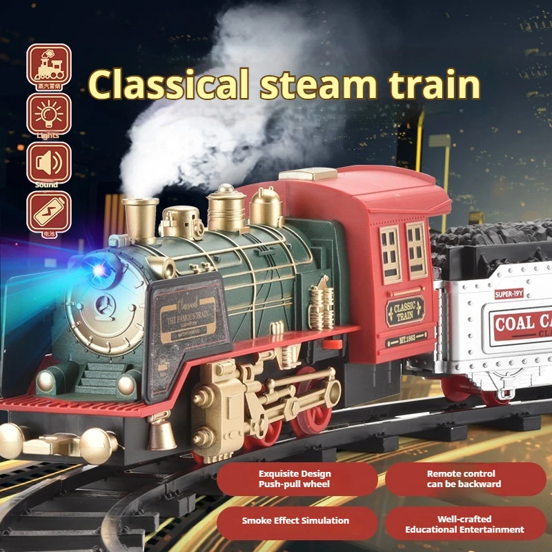 Rc Vintage Steam Train Set Christmas Gift For Kids Realistic Steam Effect Sound Light Interactive Tracks Train