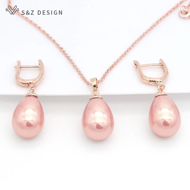 S&Z DESIGN New Fashion Imitation Pearls Water Drop Earrings 585 Rose Gold Color Jewelry Sets For Women Wedding Party Jewelry