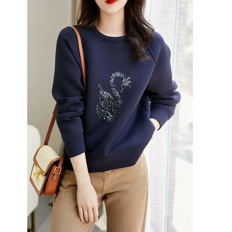 Fashion Women's Sequined Spliced Solid Pullovers Autumn Winter Korean All-match Round Neck Loose Sweatshirts Female Clothing