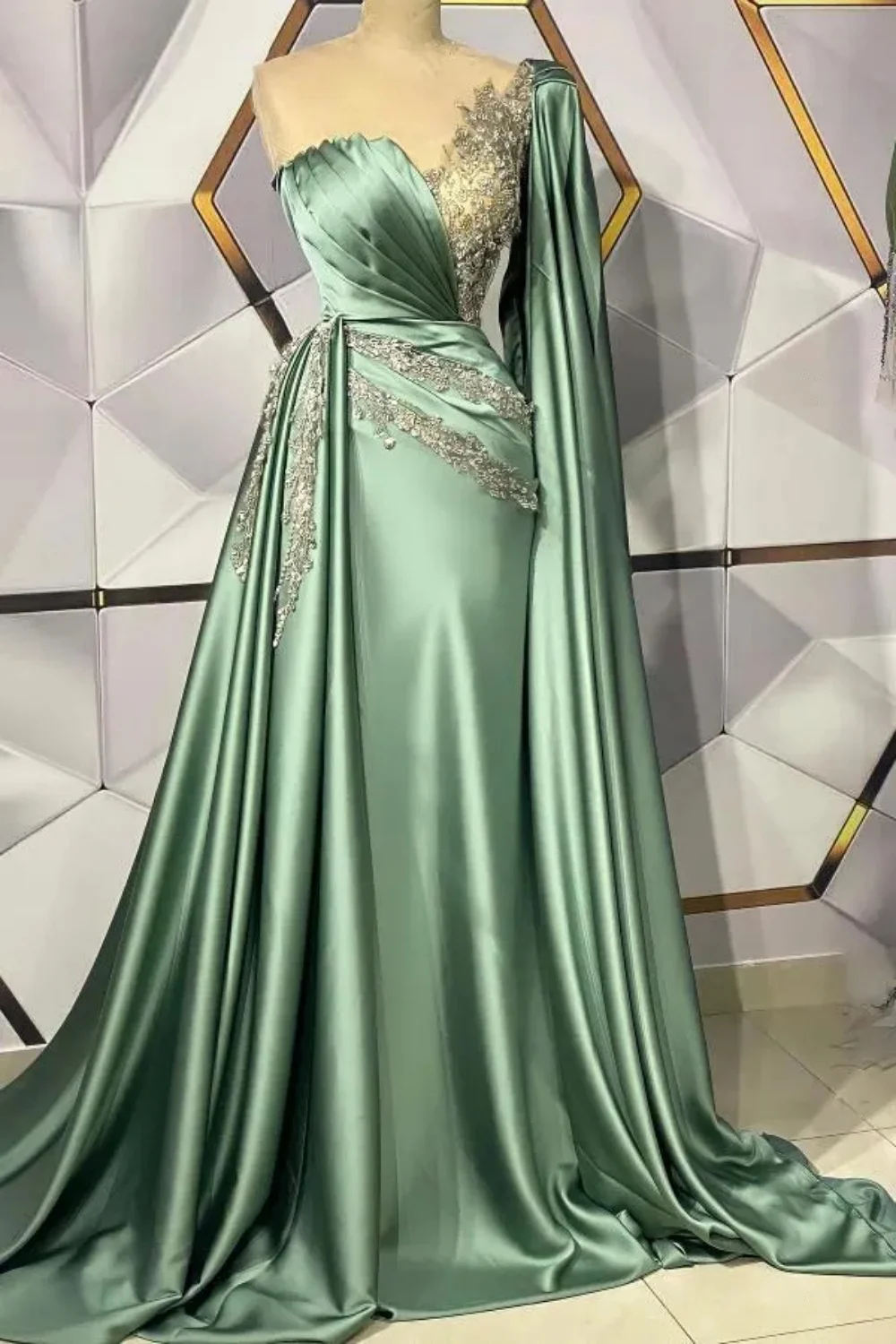 

Xu Ni Yisheng Green Satin Formal Evening One Shoulder Appliques Mermaid Floor-Length Wedding Party Dress New Women Long Dress