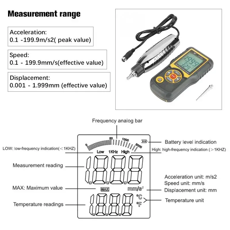 HTI HT-1201 Portable LCD Vibration Analyzer Tester Meter Vibrometer Gauge 0.1-199.9m/s Digital Split Type Vibrometer 3