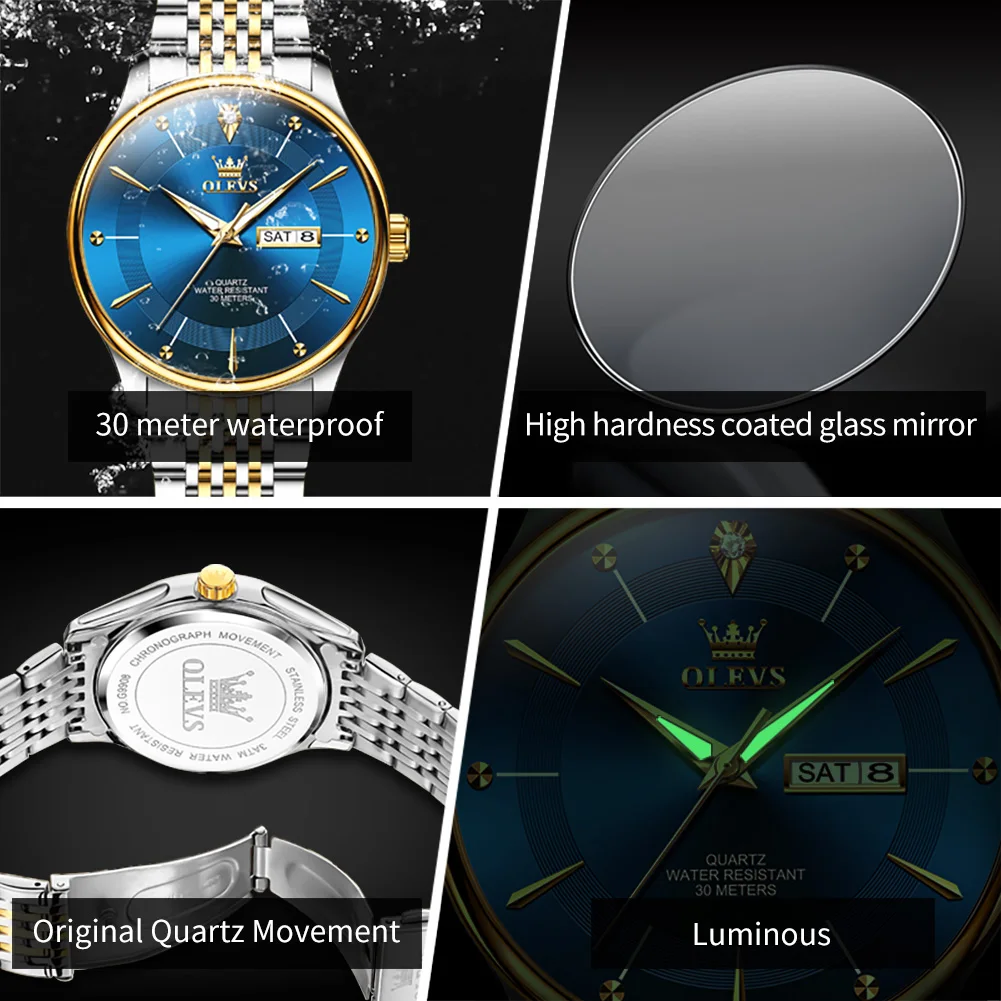OLEVS New Men's Watches Original Luxury Waterproof Dual Calendar Luminous Quartz Watch Stainless Steel Strap Male Wristwatch