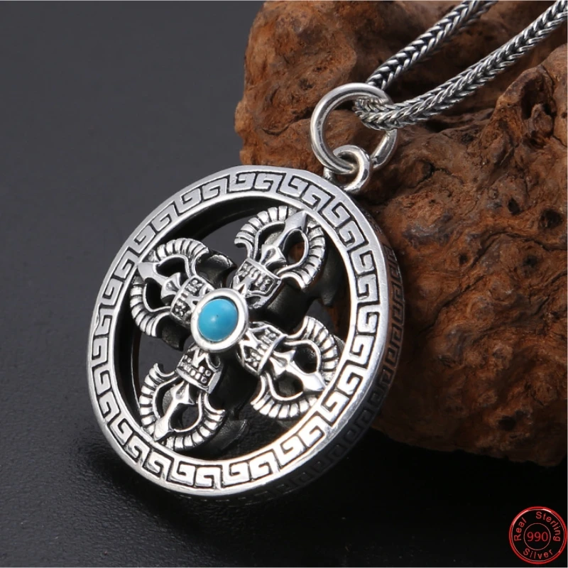

S990 Sterling Silver Pendants for Women Men New Fashion Hollow Cross Vajra Pestle Turquoise Punk Jewelry Amulet Free Shipping
