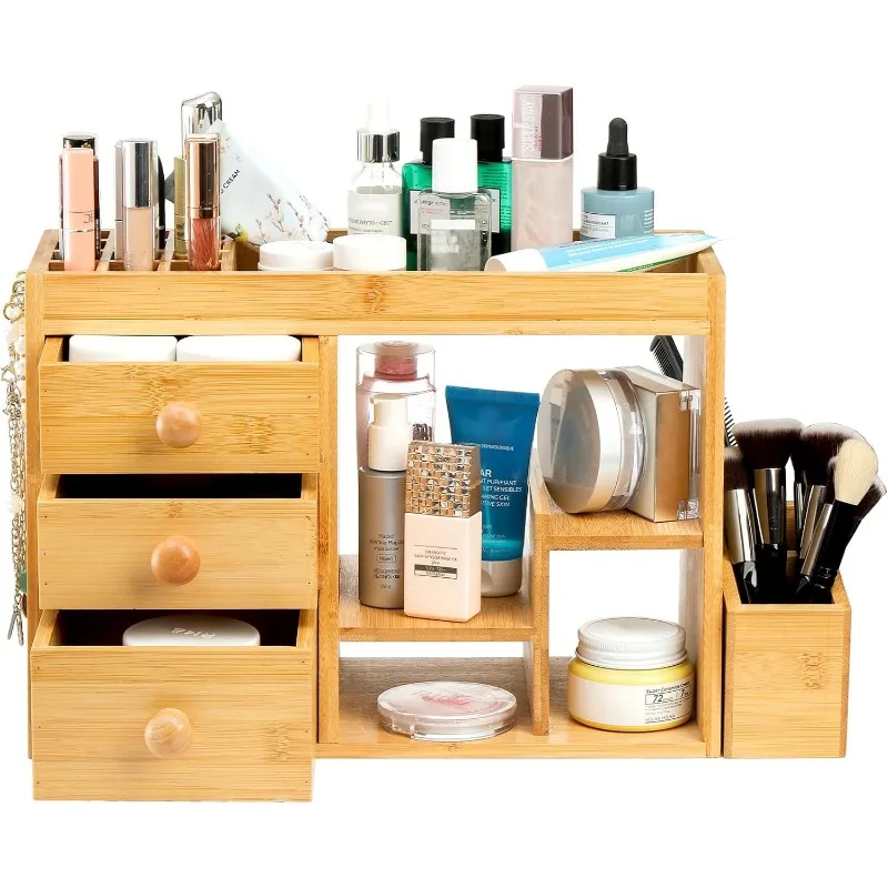 Bamboo Makeup Organizer with 3 Drawers & 12-Grid Lipstick Holder, Desk Bamboo Vanity Jewelry Organizer 3