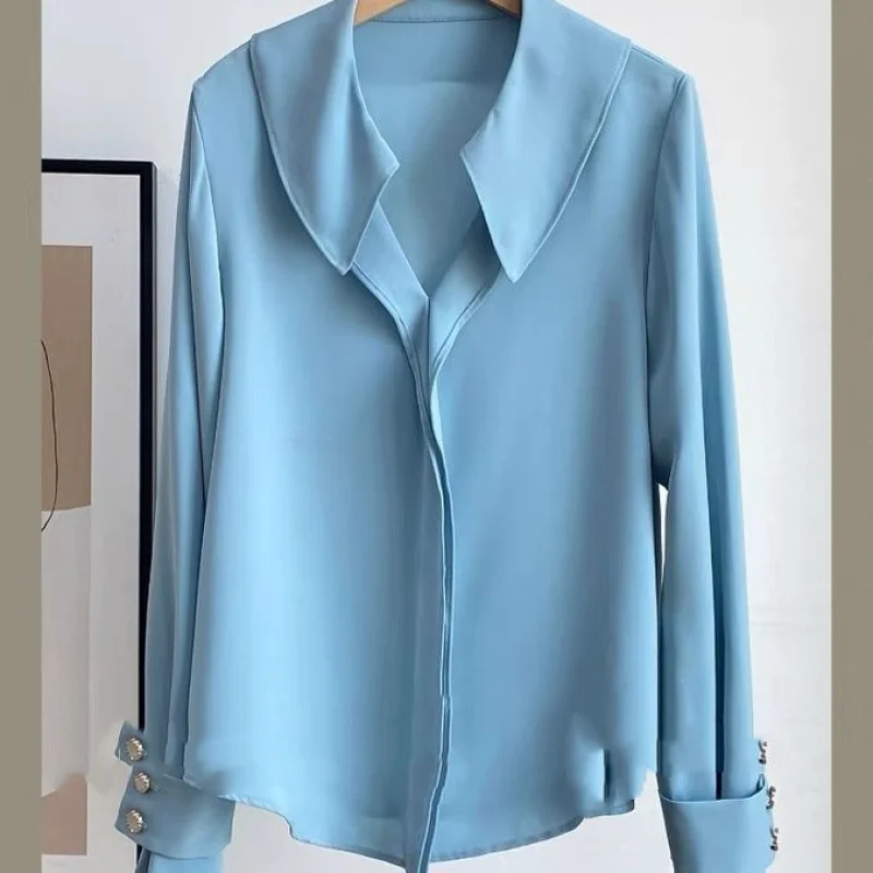 2023 New Spring and Autumn Fashion Solid Color High Grade Flesh Covering Long Sleeve Temperament Commuter Loose Women's Shirt 2023 spring and summer hong kong flavor light luxury luxury high grade lapel stripe commuter simple loose covering meat shirt