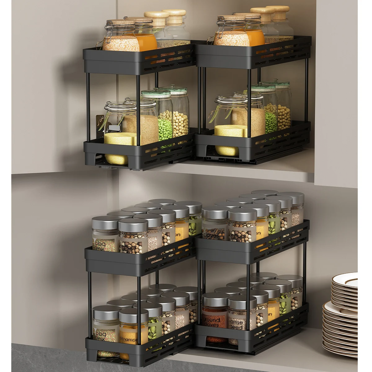 WORTHBUY Double Layer Seasoning Storage Rack Cabinet Spice Rack Pull-out Kitchen Storage Multifunctional Organizer Shelf