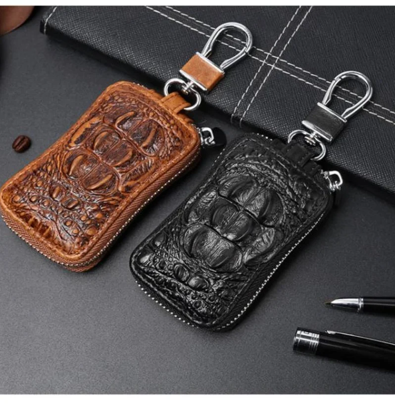 Genuine Leather Multifunctional Key Chain Top Layer Cowhide High-capacity Car Key Bag Crocodile Pattern Vertical Square Shape