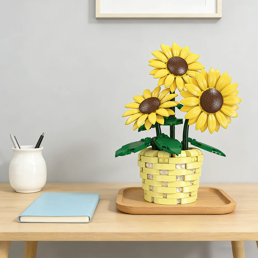 KNEW BUILT 3D Blumen-Tulpen-Sonnenblumen DIY Baustein-Spielzeug - Perfektes Valentinstagsgeschenk für Mädchen, Puzzle-Spielzeug für Kinder, Tischdekoration