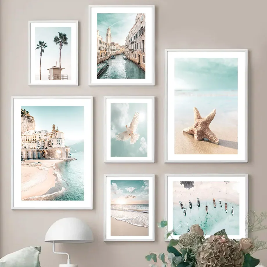 Sunset Beach Coconut Tree Ship Starfish Seagull Wall Art Canvas Painting Nordic Poster And Prints Picture For Living Room Decor