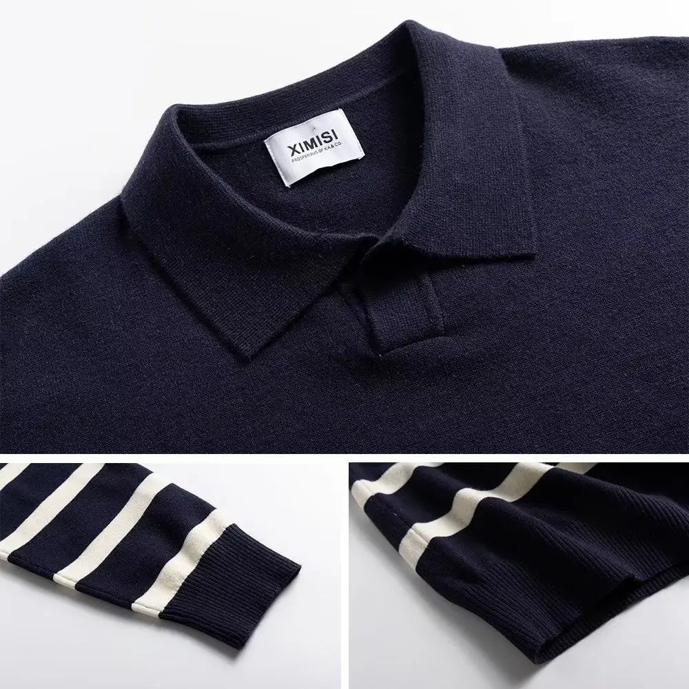 2023 Autumn Korean Style Contrast Striped Sweater Men's Lapel Button Casual Vintage Sweater Pullovers Long-sleeved Men's Sweater
