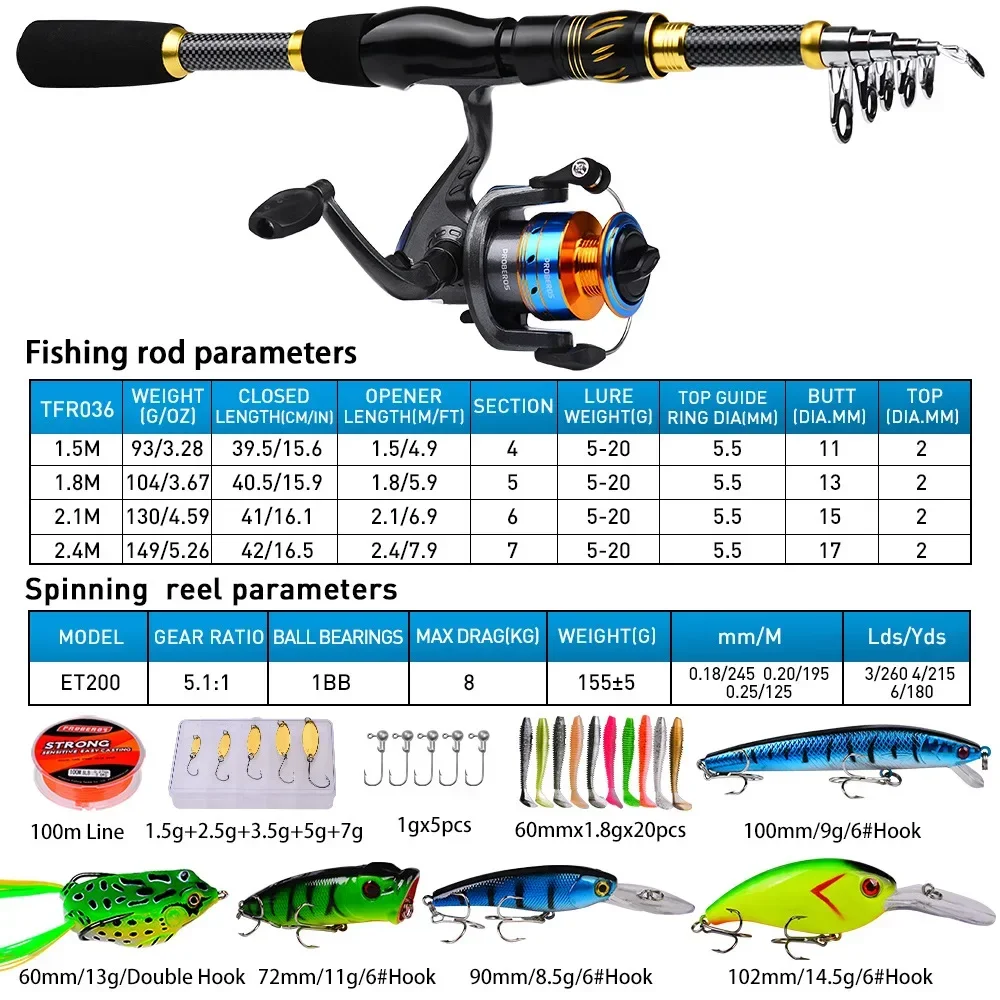 Moulinet Spinning Télescopique avec Hameçons de Pêche, Connecteurs Chloreur, Spoonbait, 1.5: 1, 1.8 m, 2.1 m, 2.4m, 5.2 m, Le Plus Récent