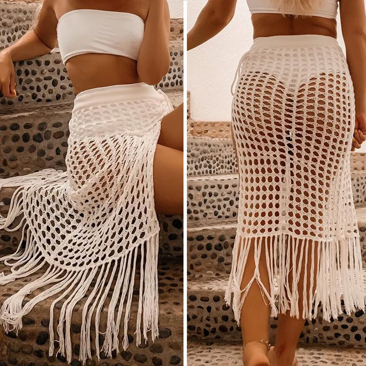 

Women Summer Fish Net Swimsuit Wrap Sheer Maxi Sarong Swimwear Sexy Hollow Out Mesh Tassle Skirts Beach Cover Up