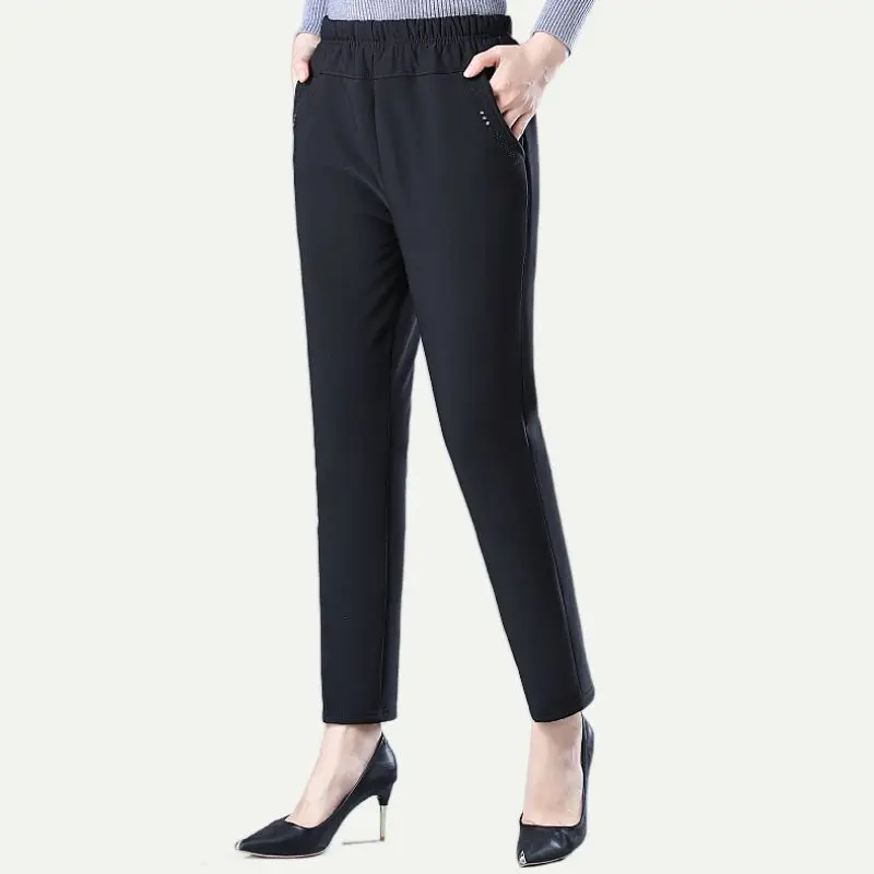 Middle-aged And Elderly Women's Winter Thicken Warm Pants Casual High Elastic High Waist Pants Mother Straight Trousers