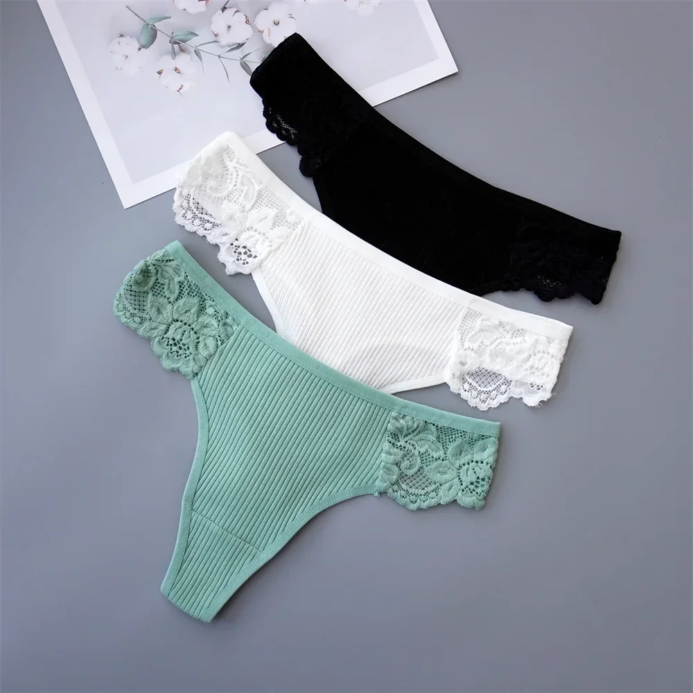 3Pcs/Set Women Thread Cotton Lace Thong Panties Pack Sports Ladies Seamless G Strings Cozy Lingerie Tanga Panty