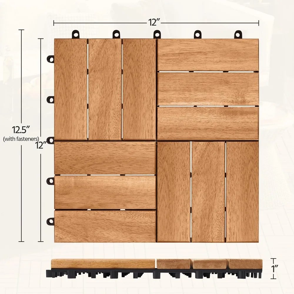 108pcs Hardwood Interlocking Patio Deck Tiles Acacia Waterproof Wood Flooring Tiles for Patio Garden Poolside, 12'' x12'' Indoor