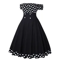 Elegant Vintage Hepburn Dress Women Black Red Off Shoulder Sleeveless A-Line Dress Female Retro Rockabilly 50s Polka Dot Dress - Image 3