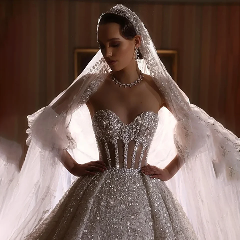 Maßgeschneiderte Funkelnde Kristall-Perlen Ballkleid-Hochzeitskleider 2026 Illusion Trägerlos Mit Schleppe Tüll Vestidos De Novia – Detail 5