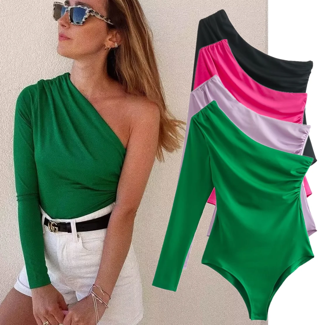 

Withered Ins Blogger Sexy One-Shoulder Off-The-Shoulder Jumpsuit Tops Fashion Bodysuits Women
