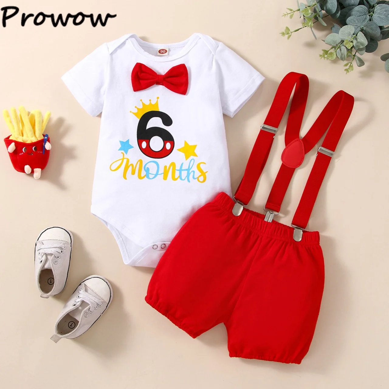 Prowow Half Birthday Clothes Baby Boys Set Letter Romper+Red Overalls Pants 6 Months Birthday Cake Smash Outfits For Boy
