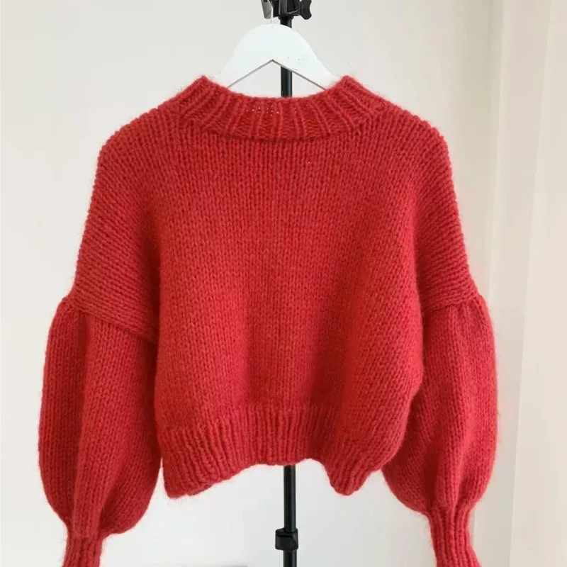 

Fashion High-end Women's Clothing For Woman Hot Selling 2023 Red Long Lantern Sleeve Sweater Pullover Knitted Short Simple