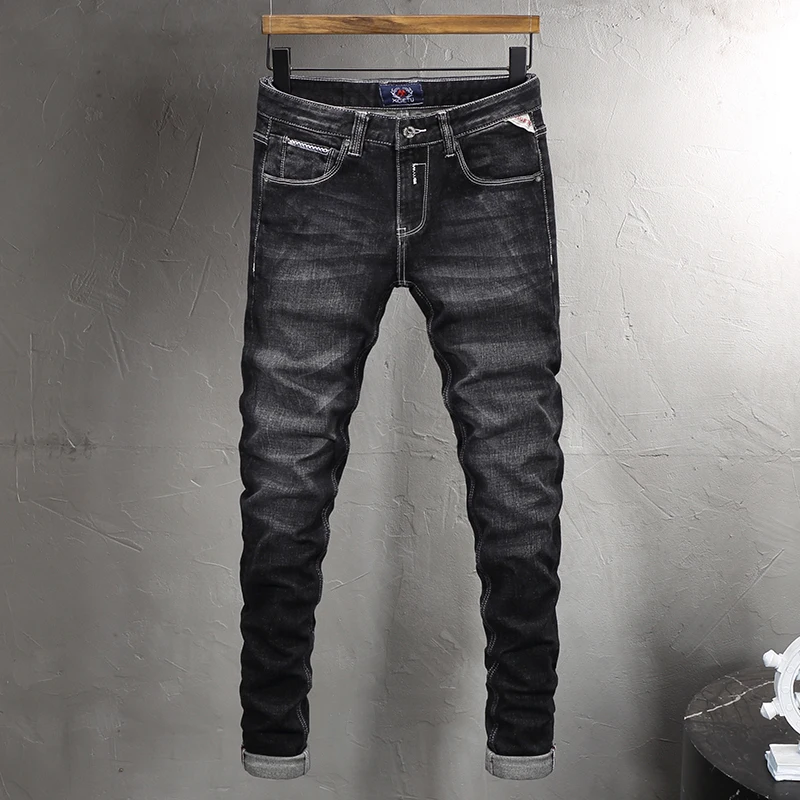 Italian Style Fashion Men Jeans High Quality Retro Black Gray Elastic Stretch Slim Fit Vintage Jeans Men Casual Denim Pants