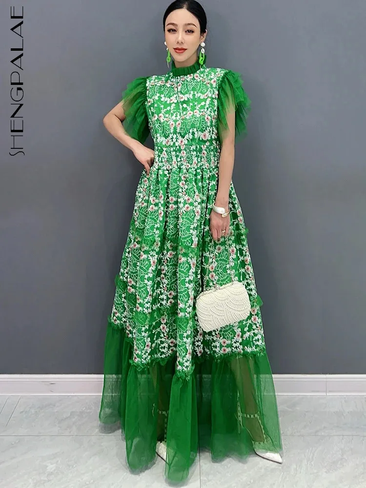 

SHENGPALAE 2024 Summer New Women's Dress Printed Collar Large Swing Dresses With Mesh Lace Sleeves Elegant Fashion Clothes R9995
