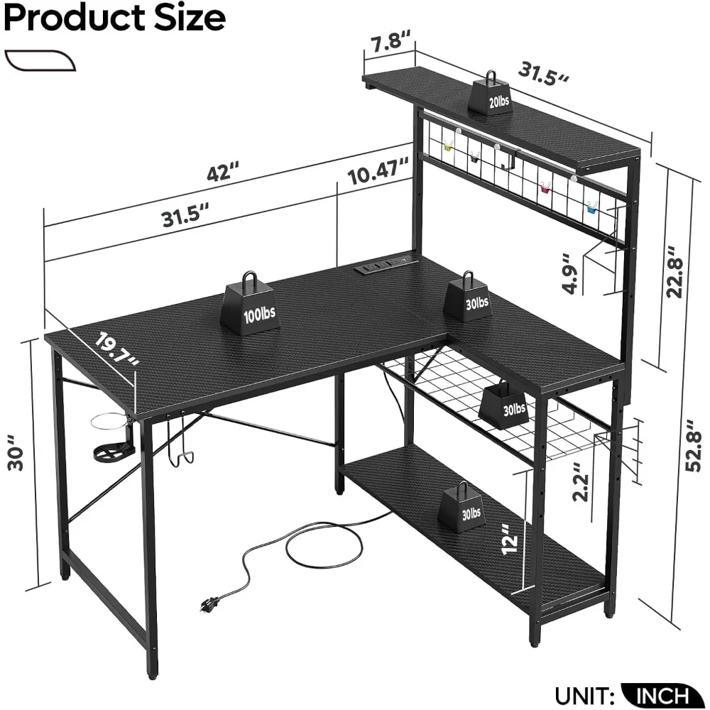 42 L Gaming Desk,Computer Desk with Power Outlets, LED Lights, Reversible Corner Desk with 4-Tier Shelves,Cup Holder 2