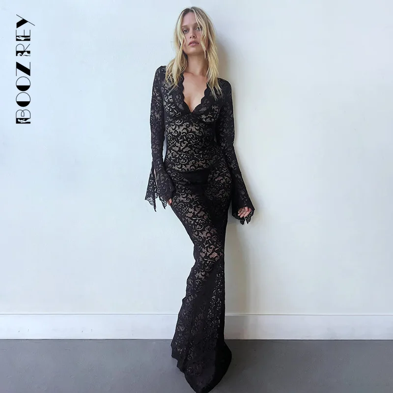 BoozRey Sexy See Through Mesh Lace Maxi Dress Women Deep V Long