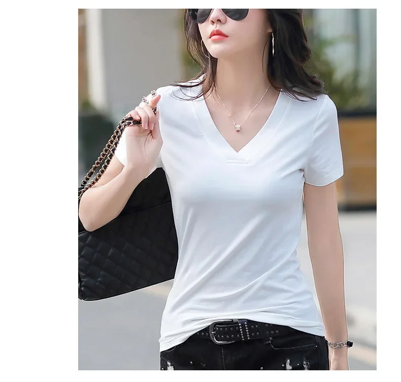 White V-neck Sleeved T-shirt for Women's Summer Wear 2024 New Korean Version Loose Half Sleeved T-shirt Short Upper Garment