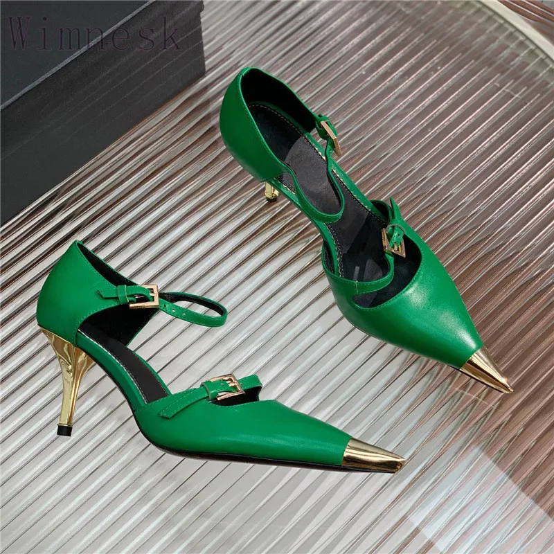 

Spring New Sexy Pumps Pointed Toe Women Pumps Metal Decor Women Shoes Buckle Strap Genuine Leather Retro High Heels Party Shoes