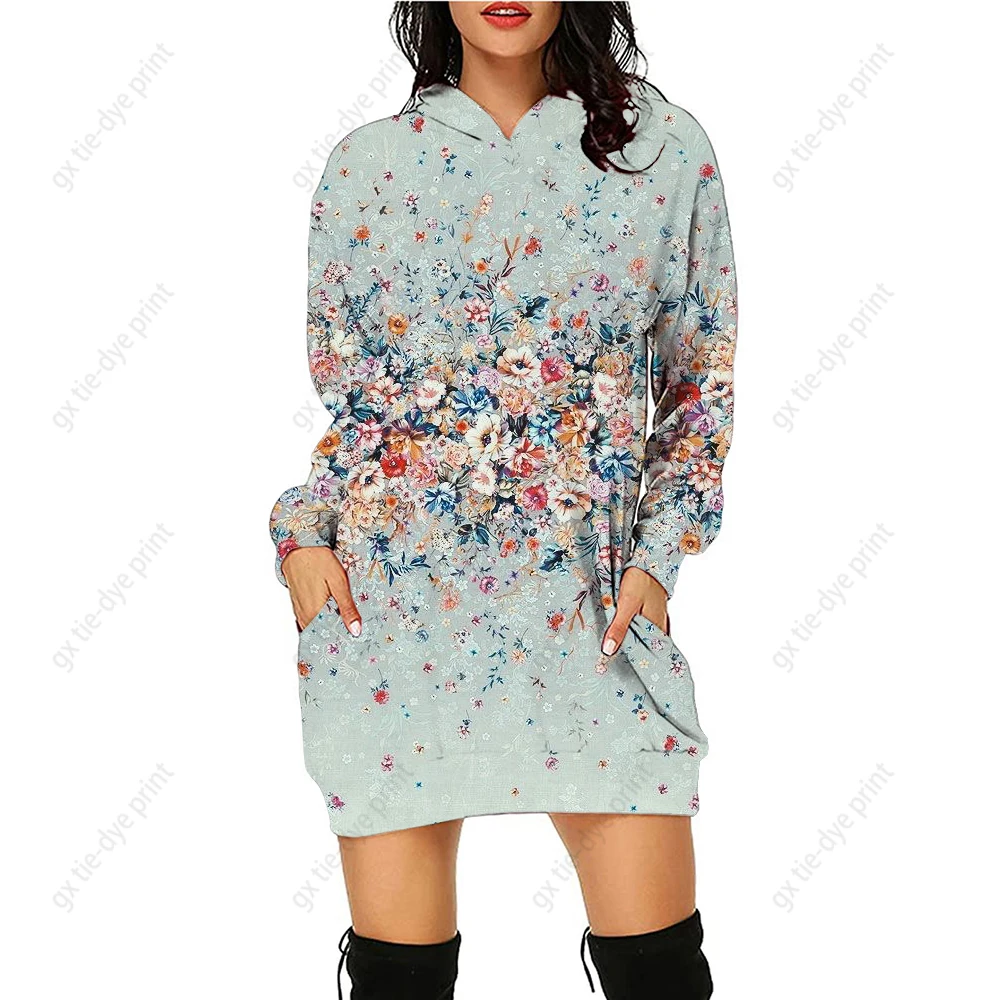 

Women Long Sweater Dresses Flower print Hooded Dress Loose Sweatshirts Long Sleeve Pullover Fall Winter Y2K Street Style Top