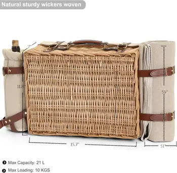 Mutifunctional Wicker Picnic Basket Set for 2 with Blanket and Picnic Table, Insulated Picnic Set with Full Tablewares for 3