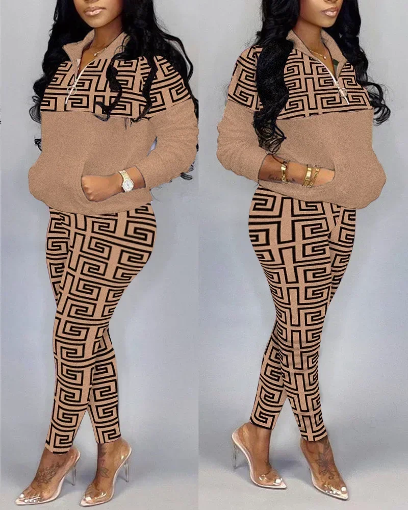 

Женский комплект из двух предметов, Свободный Повседневный Топ с отложным воротником и длинными рукавами, на молнии и прямые длинные брюки с принтом, Осень-зима 2023