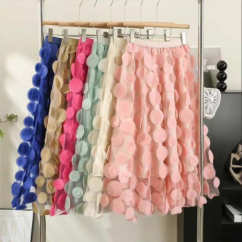 

Elegant Elastic Waist Long Midi Skirt for Women Solid Party Embroidered Dots Decoration Purple Black Pink Casual Tulle Skirts