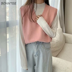 Sweater Vests Women Students V-Neck Sleeveless Knitted Basic Loose Casual Korean Style Preppy All-match Winter Candy Color Mujer