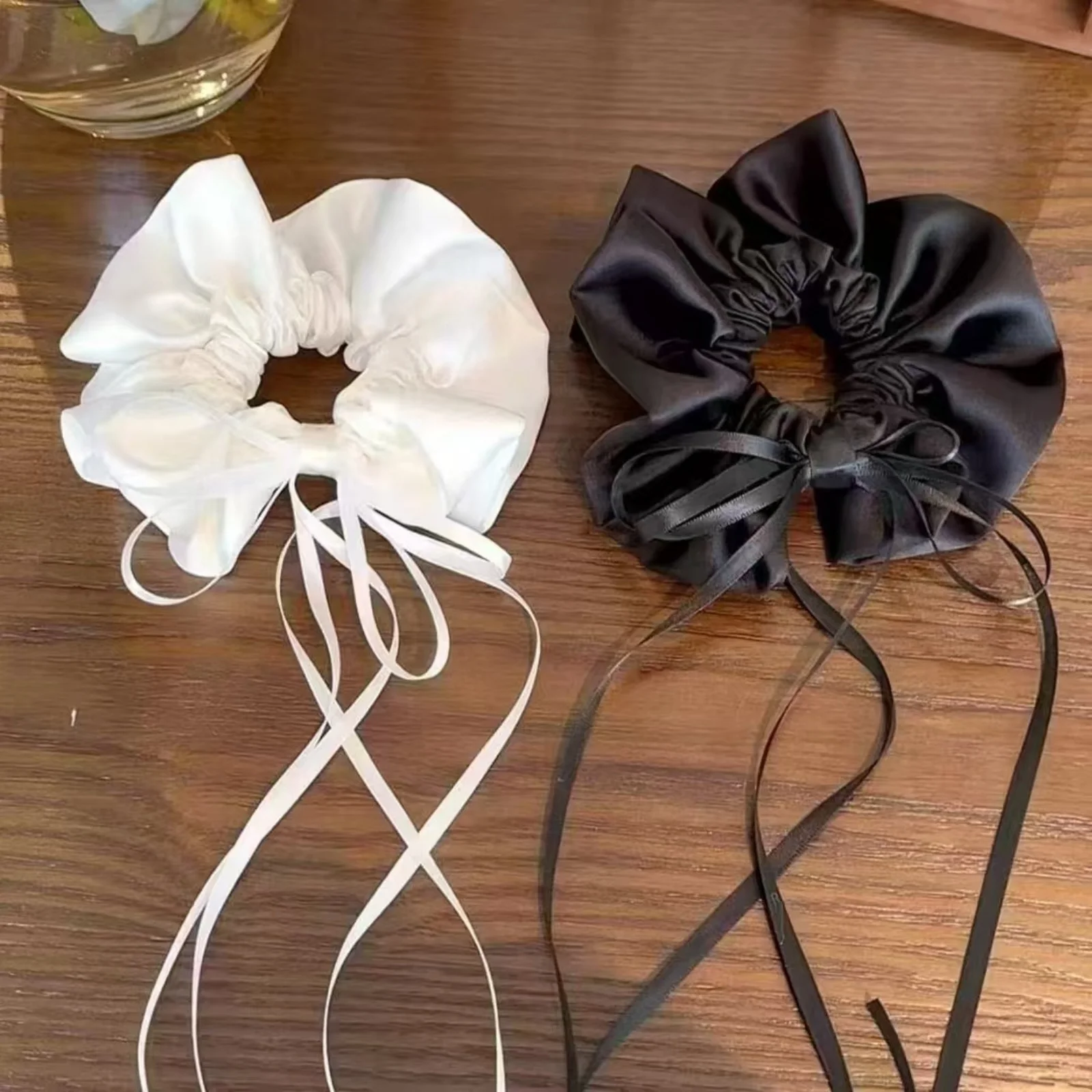 1PC White Satin Bow Scrunchie, Large Elegant Hair Tie With Long Ribbon, Romantic Bridal-Style Hair Accessory For Women