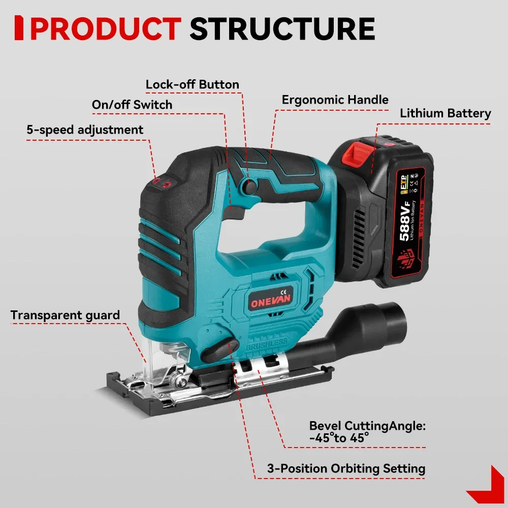 Cordless Jigsaw Brushless Electric Jig Saw 1000W 3500RPM Cordless Jigsaw Angle Adjustable 3-Speed Woodworking Power Tool for 21V 18V Battery