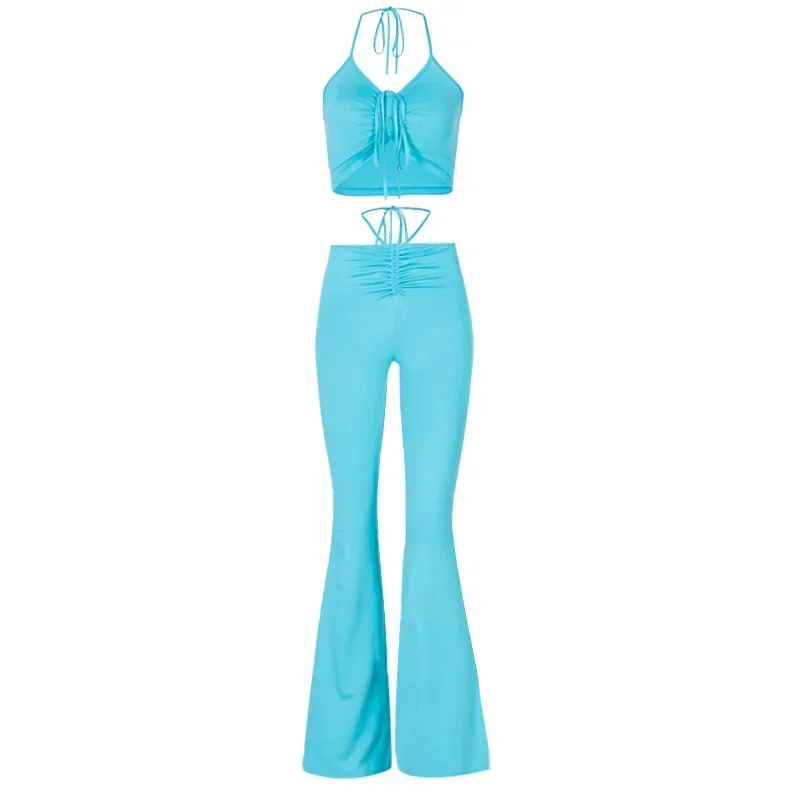 Women Sexy Outfit Solid Sleeveless Drawstring Halter Cropped Tops+High Waist Flared Trousers Ladies Elegant Casual Legging