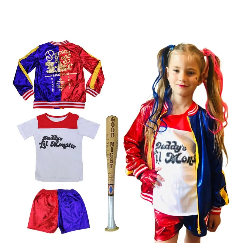 Girls Harley Quinn Cosplay Costumes Squad Monster Stitched Jacket Pants Sets Halloween Costume