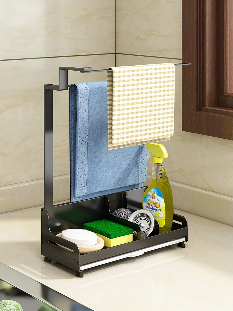 Dishcloth rack Kitchen shelf household countertop wall hanging storage artifact dishcloth rack towel drain storage rack kitchen storage rack desktop dishcloth sponge draining shelf kitchen accessories carbon steel hanging rags brush towel organizer